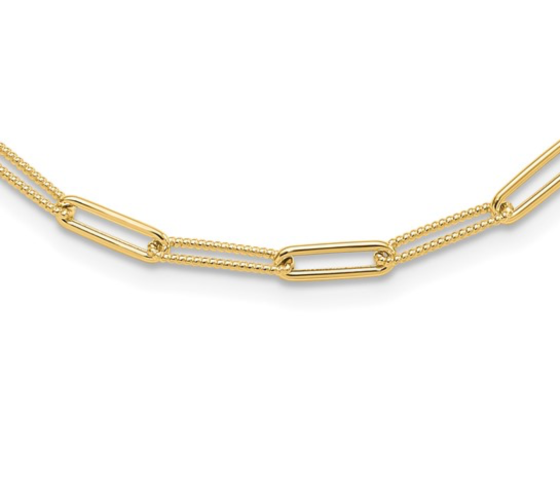 10K Polished and Textured Paperclip Link Necklace