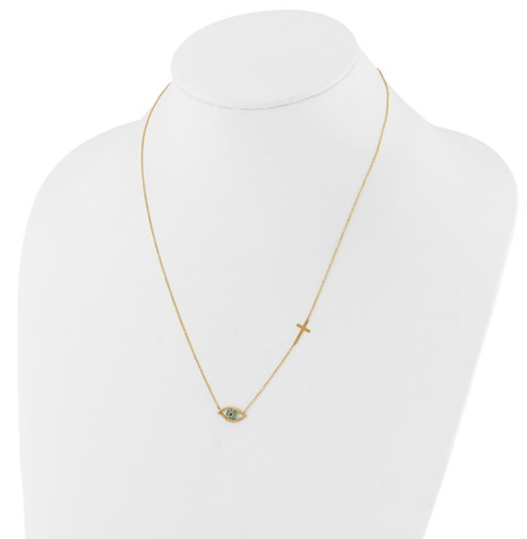 14K Polished Blue CZ Evil Eye and Cross 18 inch Necklace