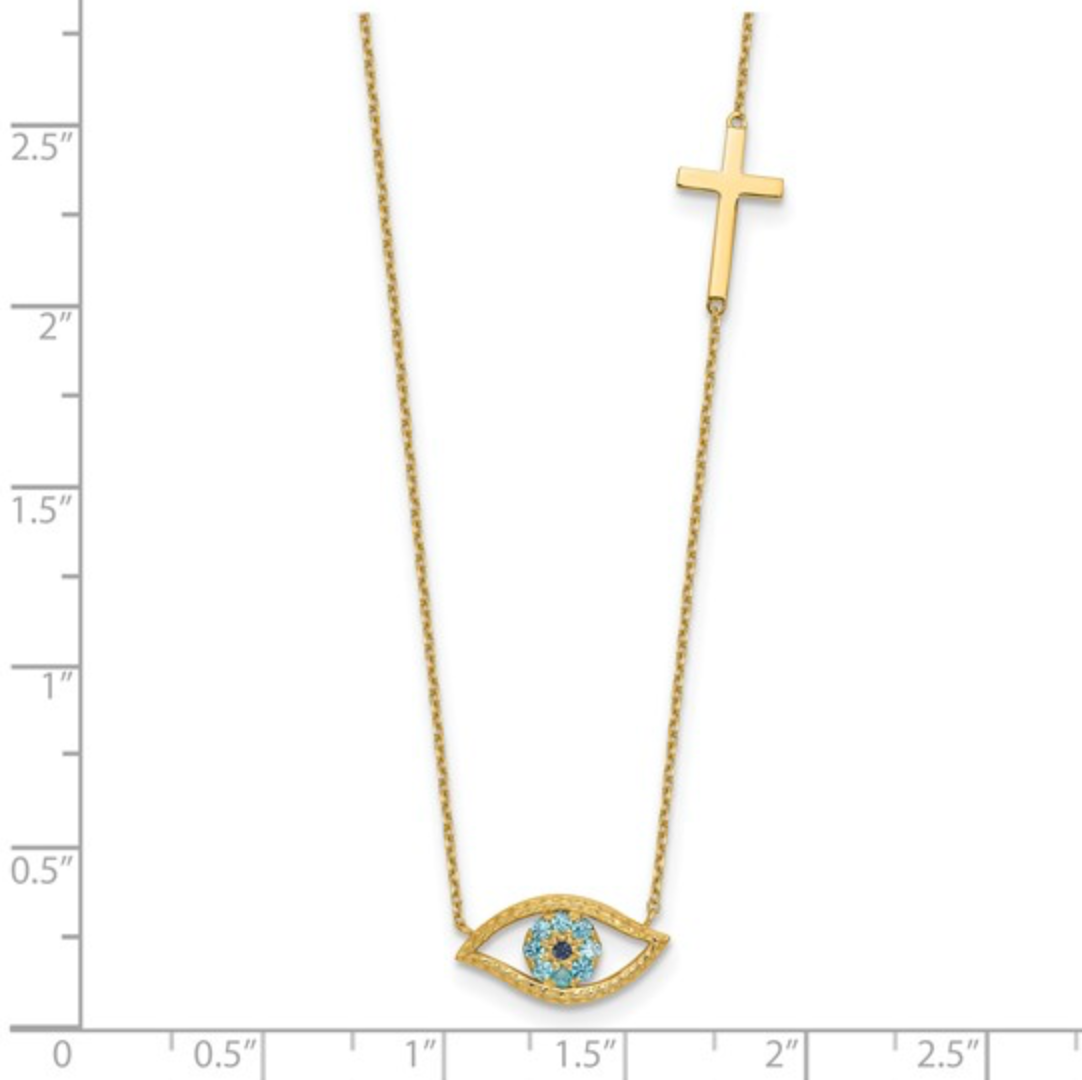 14K Polished Blue CZ Evil Eye and Cross 18 inch Necklace