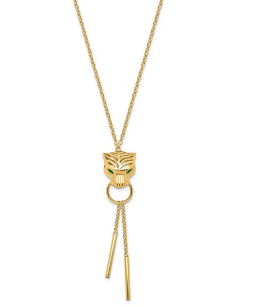 14k Polished Green Enamel Tiger Y-drop Necklace