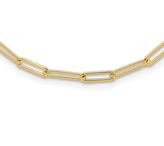 10K Polished and Textured Paperclip Link Necklace