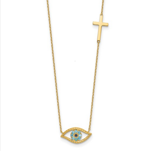 14K Polished Blue CZ Evil Eye and Cross 18 inch Necklace