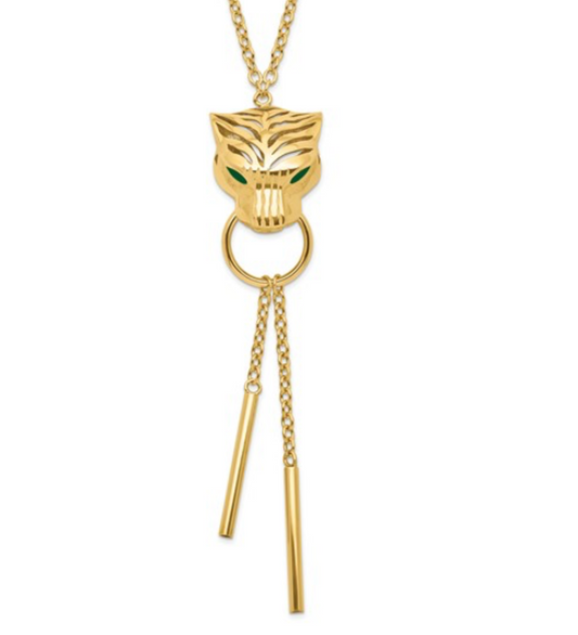 14k Polished Green Enamel Tiger Y-drop Necklace